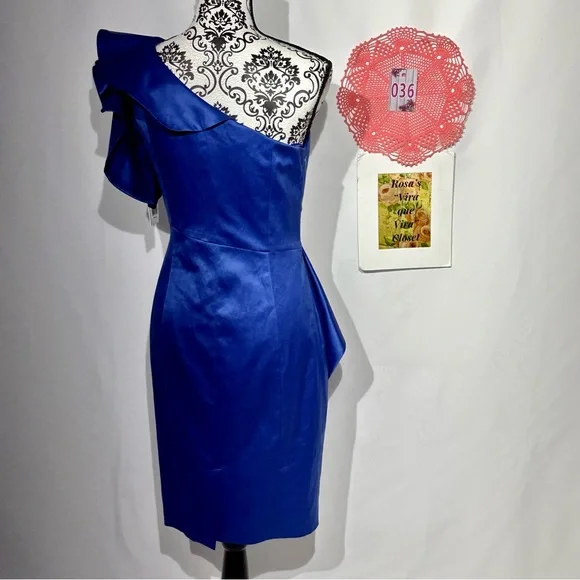 Jessica Simpson NWT Royal Blue Ruffled One-Shoulder Dress Size 8 - Picture 4 of 16